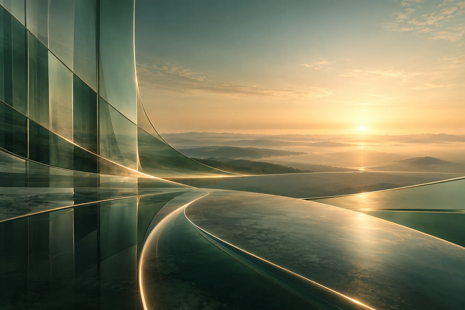 Abstract light and glass opening toward a sunlit horizon, symbolizing vision and foresight